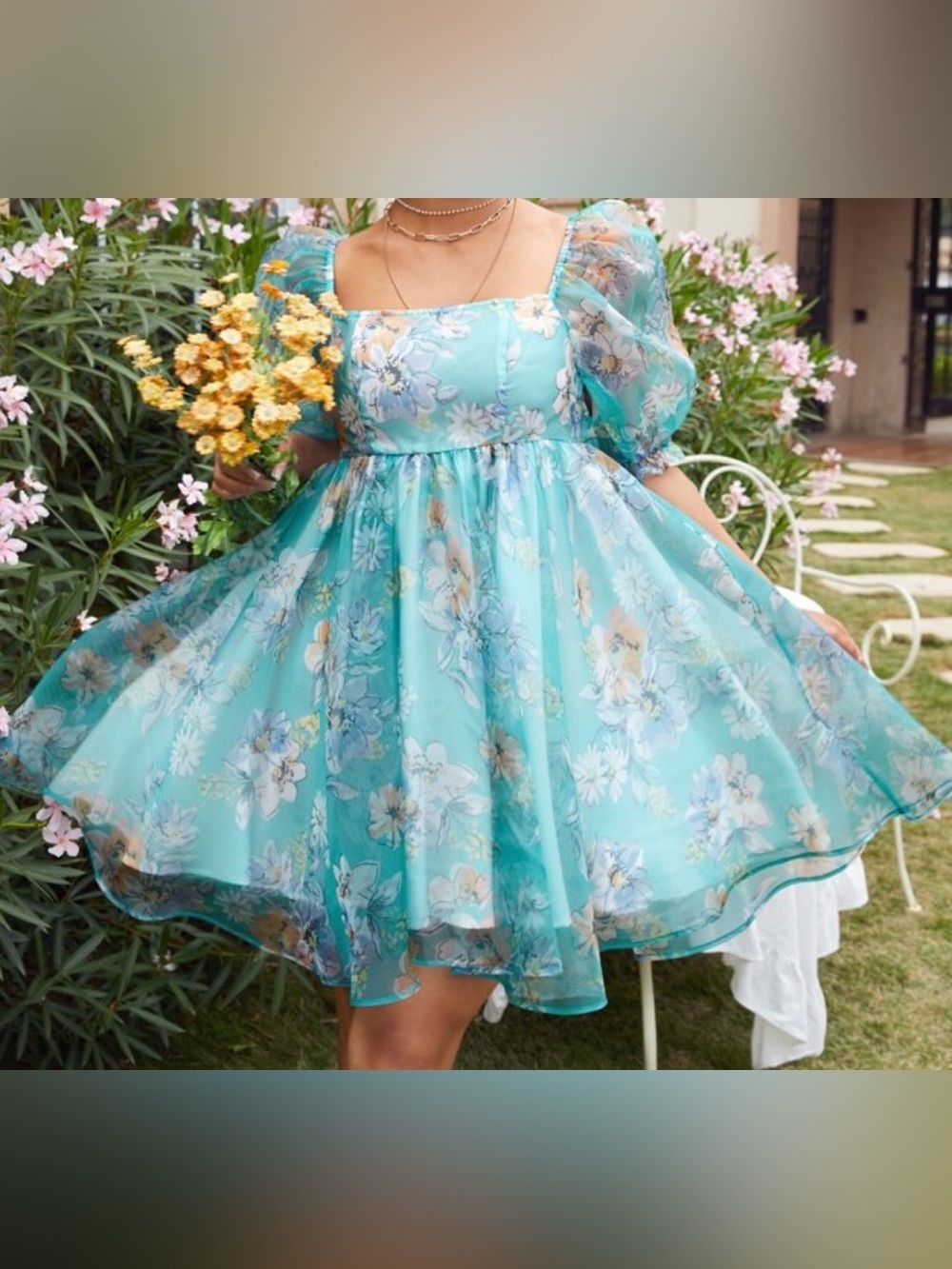 SHEIN Curve Puff Sleeve Organza Overlay Floral Babydoll Dress